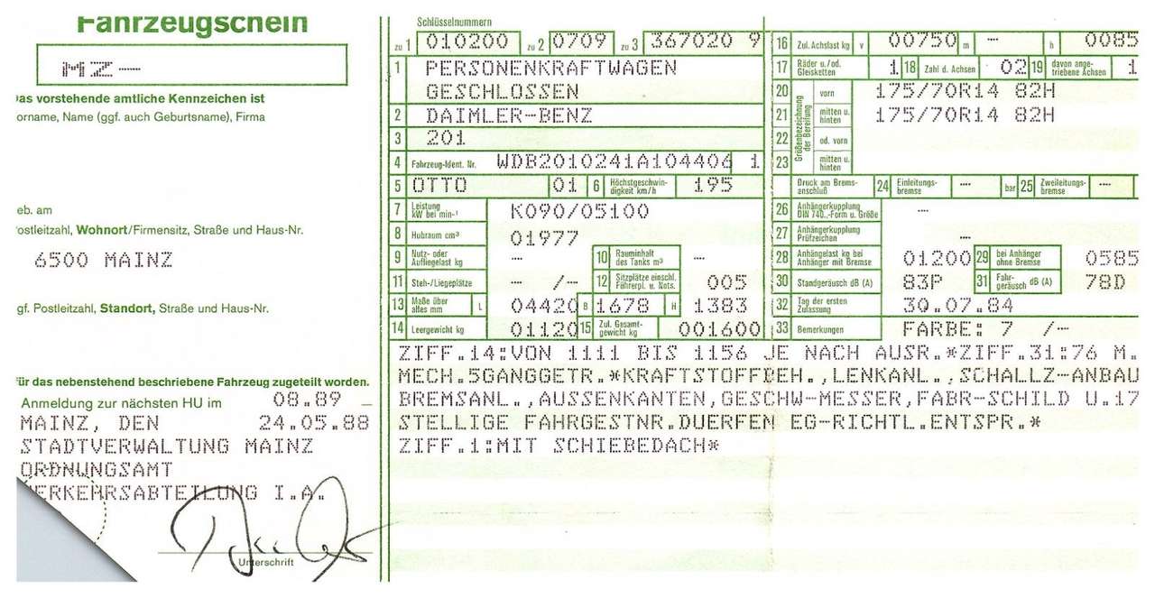 Mercedes-Benz 190  Schiebedach 3. Hand Historie